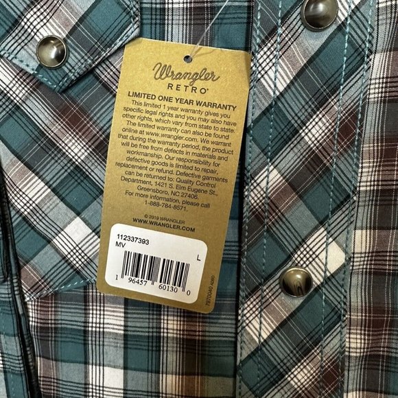 Wrangler Retro Mens Pearl Snap Shirt Long Sleeve Size Large NWT New Plaid Teal - Picture 3 of 4